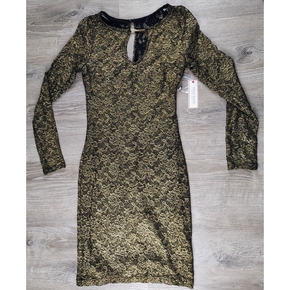 Bisou Bisou Women's 8 Black Gold Lace Dress Cocktail‎ Party Bodycon Y2K Prom